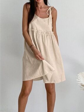 ♥️Hello Gorgeous!  COTTON Tie-Shoulder Frill Mini Sleeveless  Sundress - Beige
